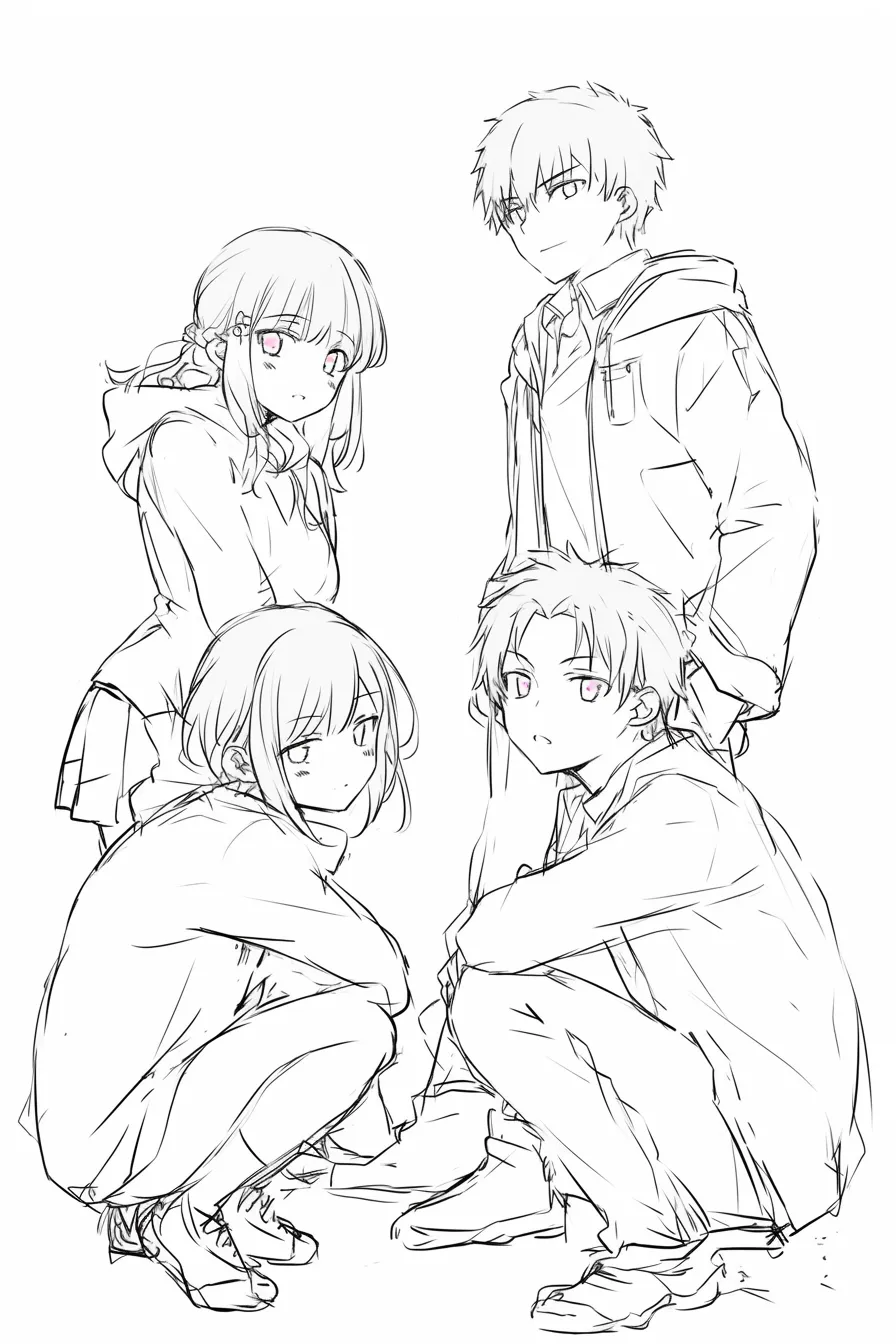 4人組の屈みポーズ｜【基本構造】前景の2人をしゃがませ、後ろに立つ2人を描き方として重ねて遠近感を出しています。<br>【演出の方向性】無造作な服のシワやフードを強調し、ラフな印象を強めることで、親しみやすさと日常感を演出しています。<br>