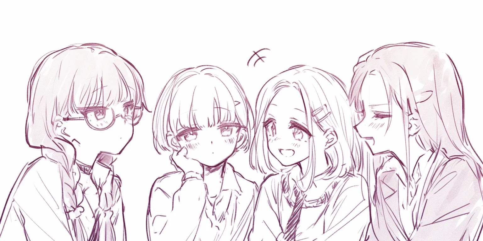 4人組の語らい｜【基本構造】4人が肩を寄せ、表情の向きを交差させながら描き方をまとめ、視線を絡ませています。<br>【演出の方向性】頬の赤みや口元の動きに差をつけ、会話の温度感をそれぞれに持たせることで、グループ内の活発な雰囲気を強調しています。<br>