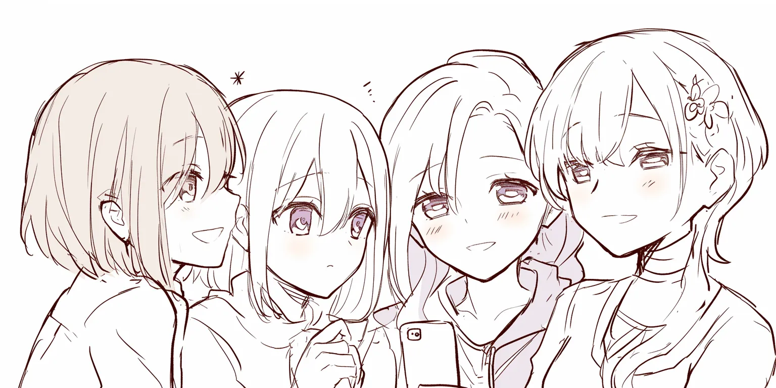 4人組の笑顔｜【基本構造】4人が肩を寄せ合って並ぶ描き方で、顔を近づけた密度感を意識しています。視線はカメラ方向で統一され、丸みを帯びた輪郭が柔らかい印象をつくっています。<br>【演出の方向性】笑顔と軽い赤みで安心感を演出しつつ、手やスマートフォンなど小道具を加えることで日常的な温かさを表現しています。<br>