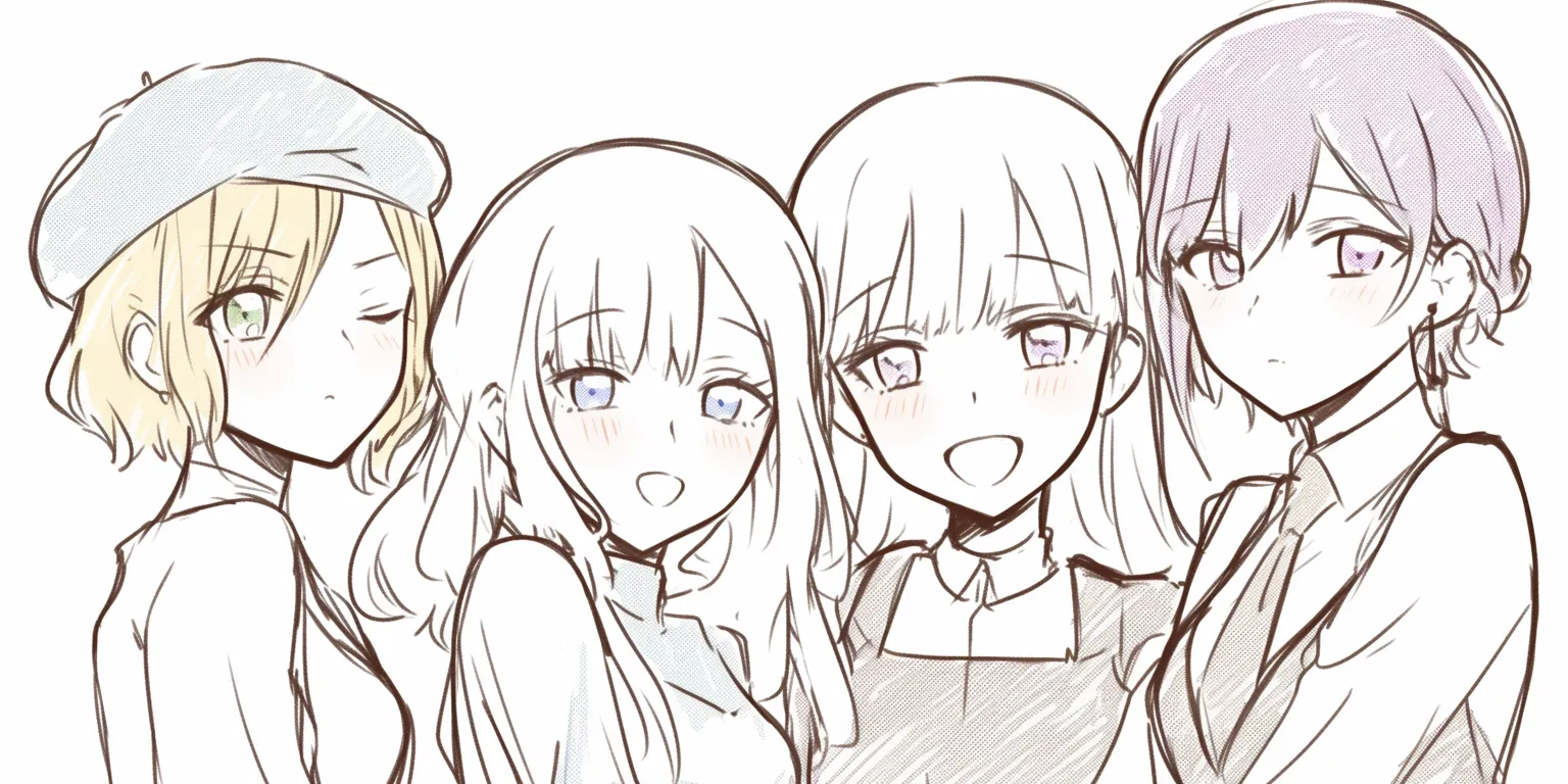 4人組のウィンク｜【基本構造】4人を同列に配置する描き方で、片目を閉じるウィンクを組み合わせることでリズムを持たせています。髪型やアクセサリーで差異を出しつつ、バランス良く収めています。<br>【演出の方向性】頬の赤みや目線の方向をずらすことで、照れや遊び心を強調しています。表情の違いが仲の良さを自然に引き立てています。<br>