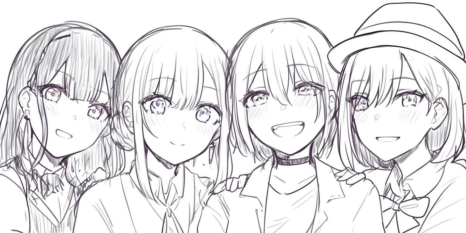 4人組の寄り添い｜【基本構造】肩を組み、顔を寄せた密集感のある描き方で、上下の髪のボリュームを調整しながら画面を埋めています。<br>【演出の方向性】頬の赤みと柔らかな笑顔を合わせ、安心感や信頼感を前面に押し出しています。ファッション要素（帽子やチョーカー）がそれぞれの個性を浮き立たせています。<br>