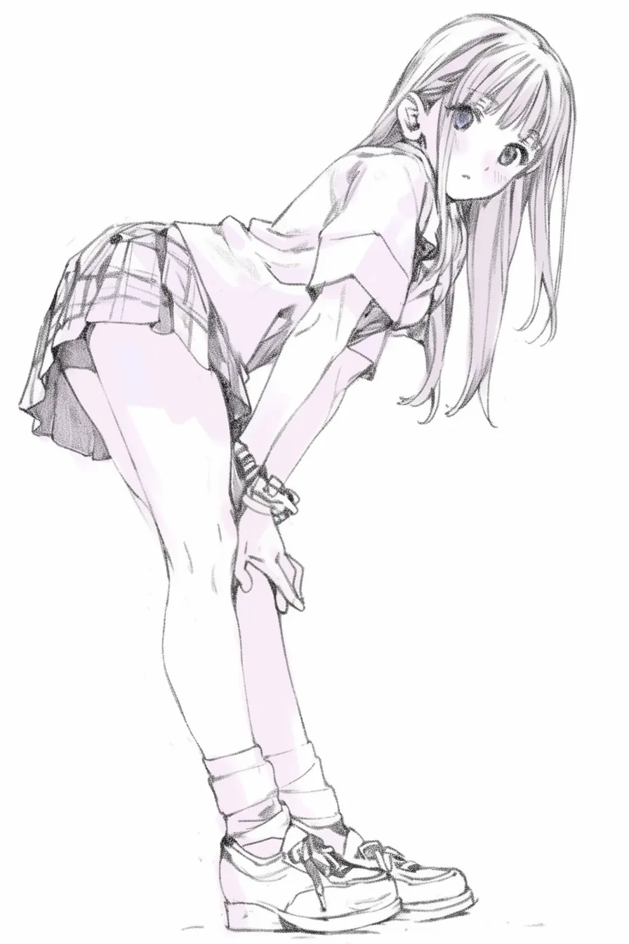 煽り構図の前屈みポーズ｜【基本構造】上体を前に倒し、膝に手を添える描き方で、腰から頭部へ向かうラインを煽り視点で強調しています。脚の長さが際立つ構図です。<br>【演出の方向性】上目遣いと頬の赤みが組み合わさり、恥じらいや可愛らしさを増幅しています。煽りによる脚線の強調が視覚的インパクトを与えています。<br>