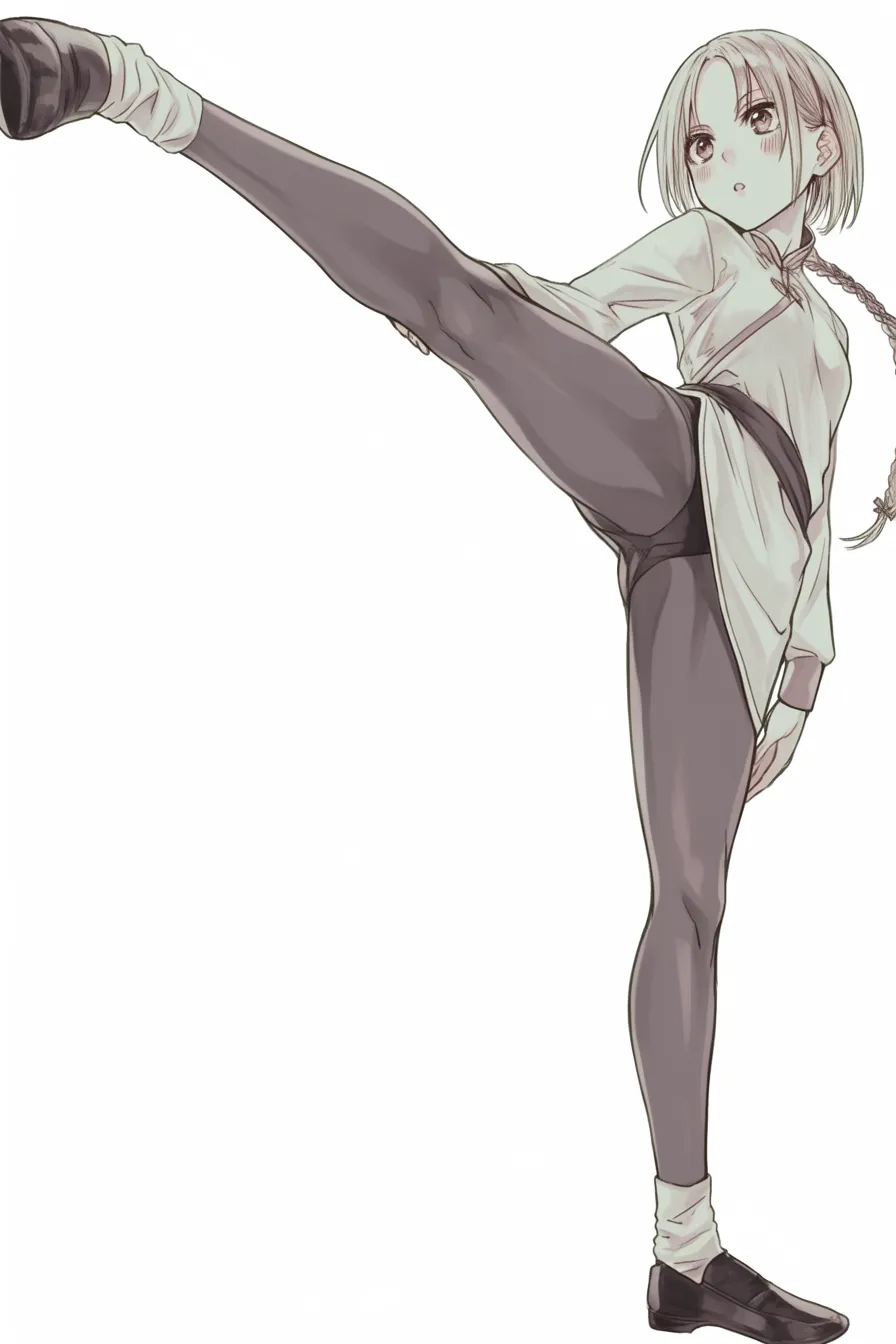 煽り構図のハイキック｜【基本構造】片足を高く上げ、全身を伸ばす描き方で、煽り視点により脚の長さが極端に誇張されています。腰と肩の傾きが強調点です。<br>【演出の方向性】挑発的なポーズが可愛さと力強さを併せ持ち、煽り構図がアクティブな魅力を引き立てています。<br>