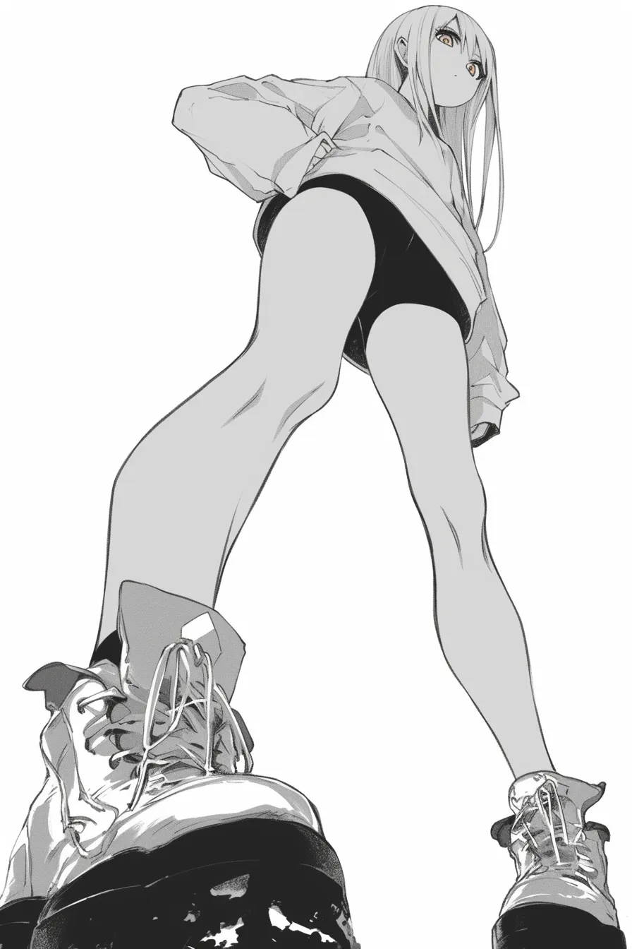 かっこいい煽り構図の足元強調｜【基本構造】極端なローアングルで大きく迫る靴を描き方の起点とし、上半身へ視線を導いています。<br>【演出の方向性】堂々とした立ち方と無造作な服装がラフな強者感を演出し、見下ろされる圧迫感がかっこよさを際立たせています。<br>