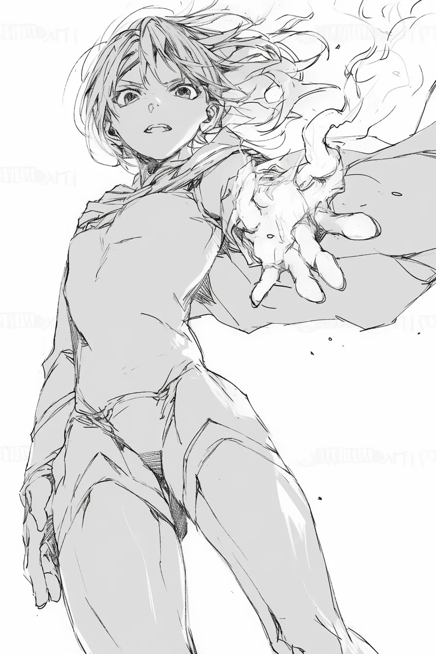 かっこいい煽り構図の解放ポーズ｜【基本構造】下方から伸ばした手を大きく描き方に取り込み、風になびく髪と衣装を動きの軸にしています。<br>【演出の方向性】力を解き放つ瞬間の表情と手の迫力が「挑戦する勇気」を感じさせ、煽り構図特有のドラマ性を高めています。<br>