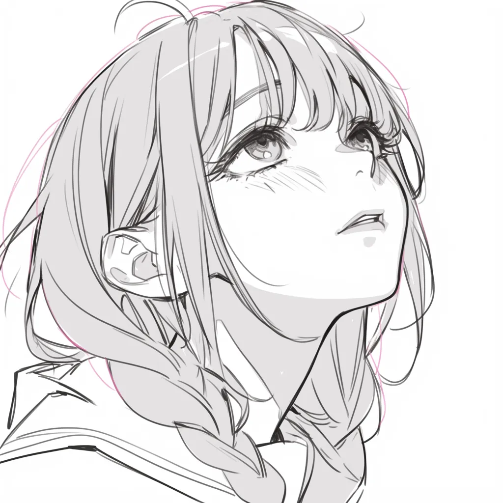 煽り構図の憧れのまなざし｜【基本構造】顎を持ち上げるように首を伸ばす描き方で、編み込みの髪と開いた口元を配置しています。<br>【演出の方向性】上に伸びる視線と半開きの口が憧れや希望を表現し、煽り構図によって純粋な強さを演出しています。<br>