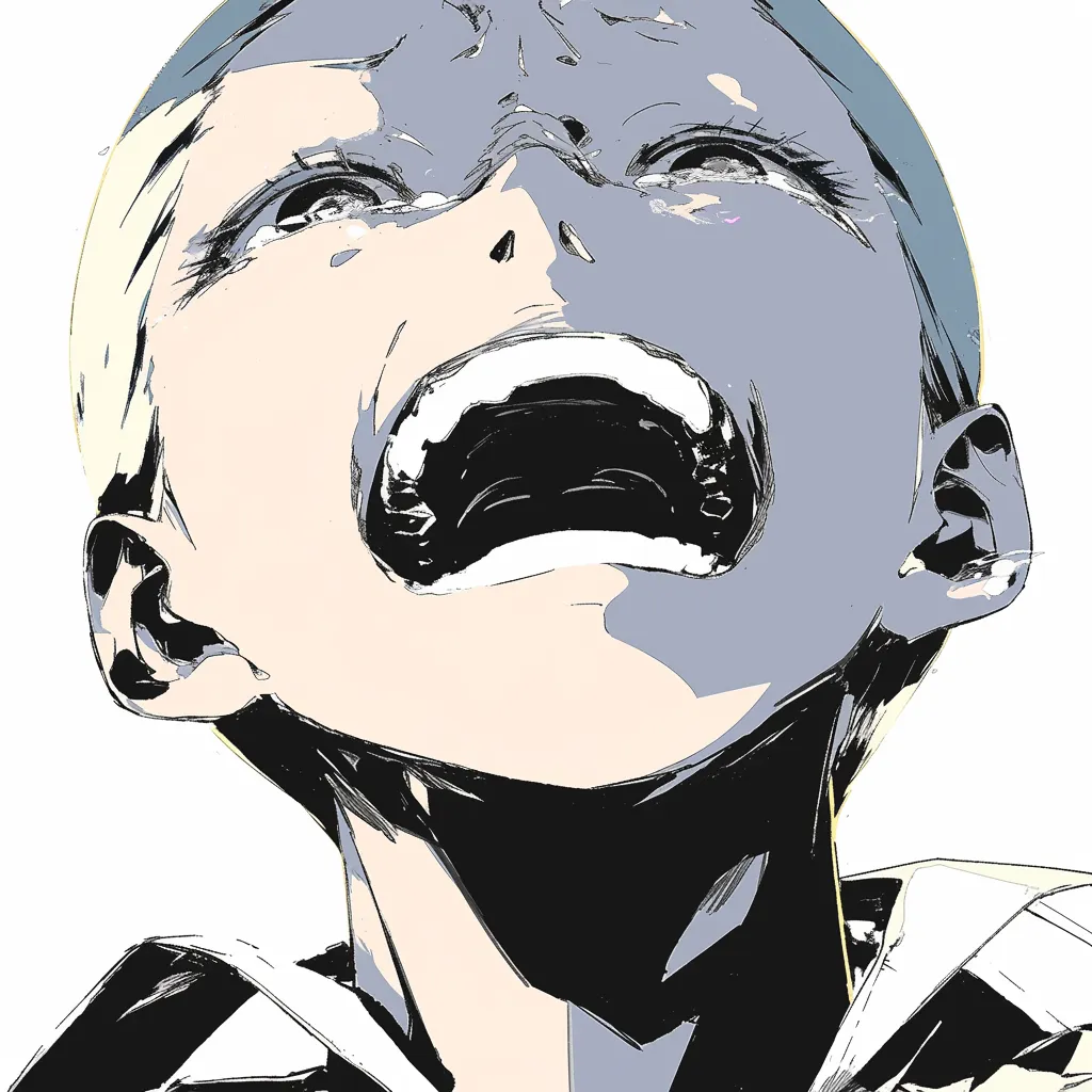 煽り構図の絶叫｜【基本構造】顔を真上に大きく開いた口で描き方を行い、喉や歯列を露出させています。<br>【演出の方向性】涙と共に叫ぶ表現が壮絶な感情を伝え、煽り視点がその強烈さを増幅させています。<br>