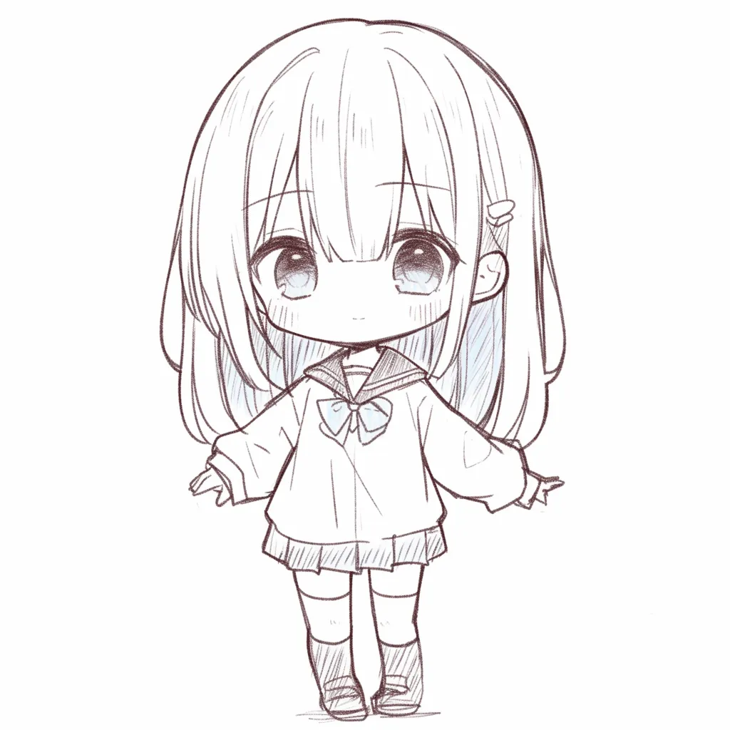2頭身女の子のセーラー服｜【基本構造】セーラー服の衣装をまとい、頭部を大きく丸みを帯びさせたバランス。足をそろえて立つ姿が安定感を与えています。<br>【演出の方向性】伏し目がちな大きな瞳とおとなしげな立ち方が、柔らかく清楚な雰囲気を表現しています。<br>