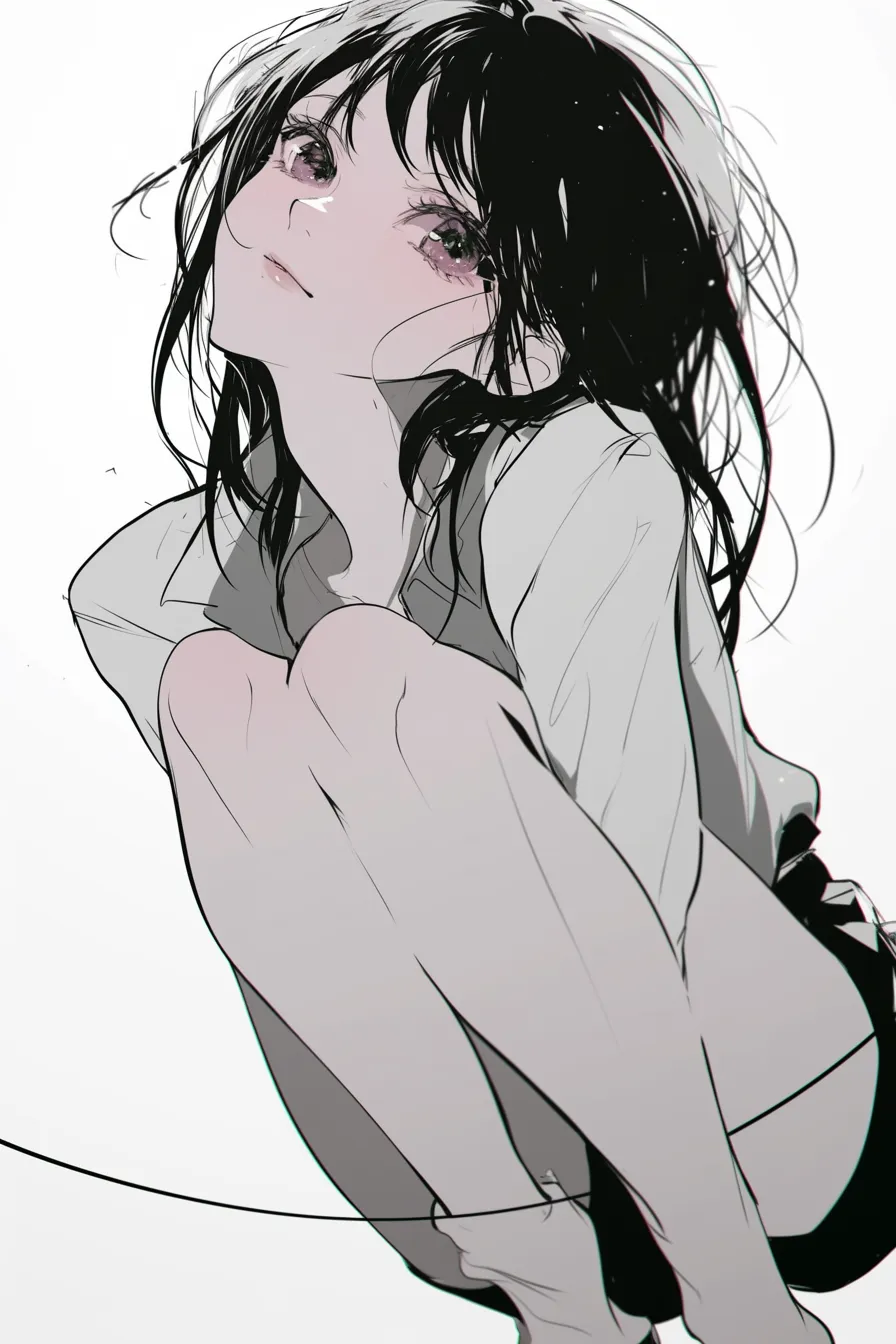 見下ろすポーズの少女｜【基本構造】体を小さく丸め、顎を上げて視線を下ろす描き方で、肩と膝を寄せた構図が特徴です。<br>【演出の方向性】頬の赤みや瞳の潤みを強調することで、見下ろす中にも柔らかさや儚さを感じさせる表現になっています。<br>