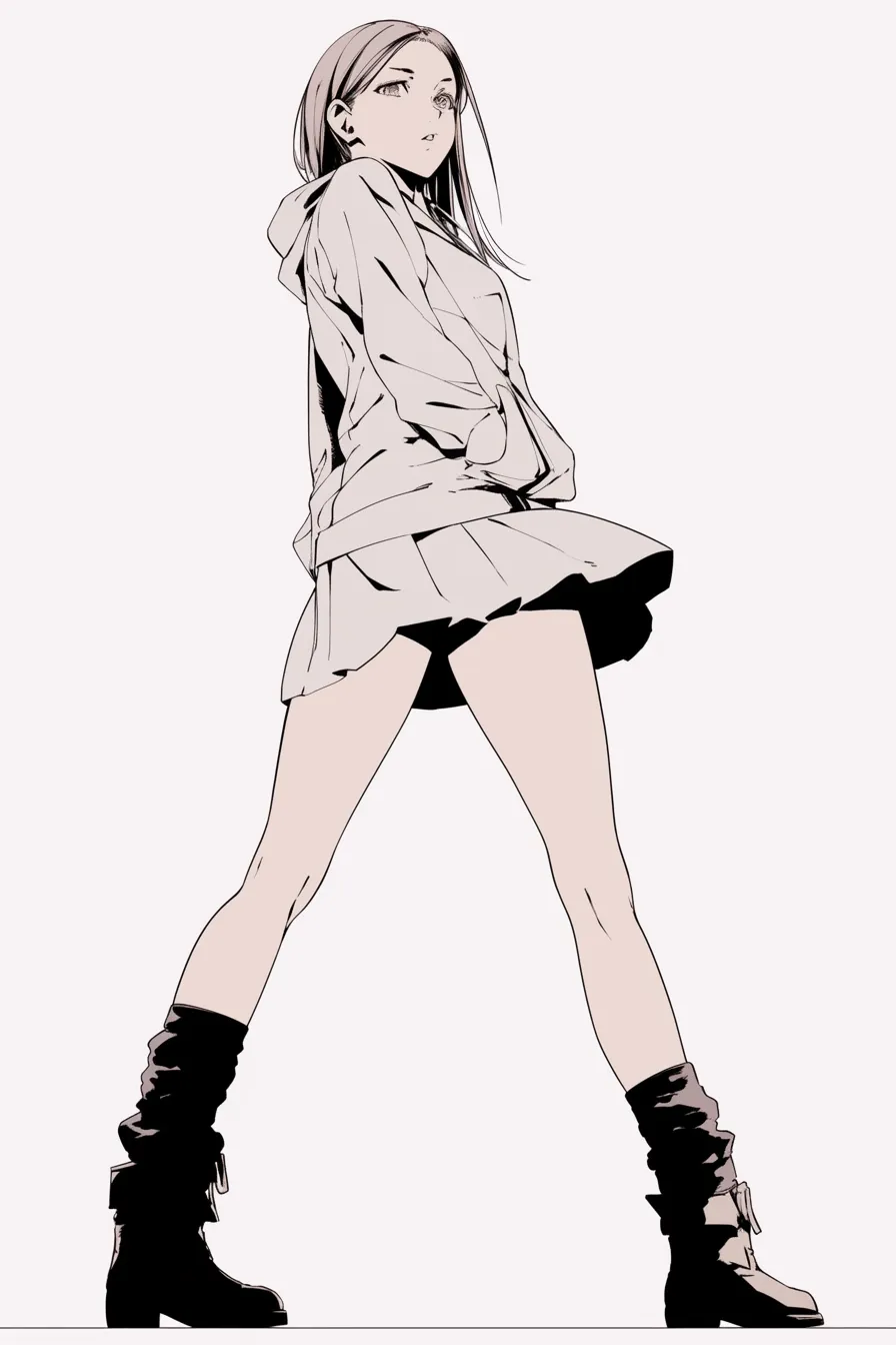 見下ろすポーズの立ち姿｜【基本構造】両脚を大きく開き、腰に手をかけて立つ描き方で、視線はやや上方から下に落としています。<br>【演出の方向性】パーカーやブーツなどラフな衣装でカジュアルな力強さを与えつつ、見下ろす角度で威圧感を演出しています。<br>
