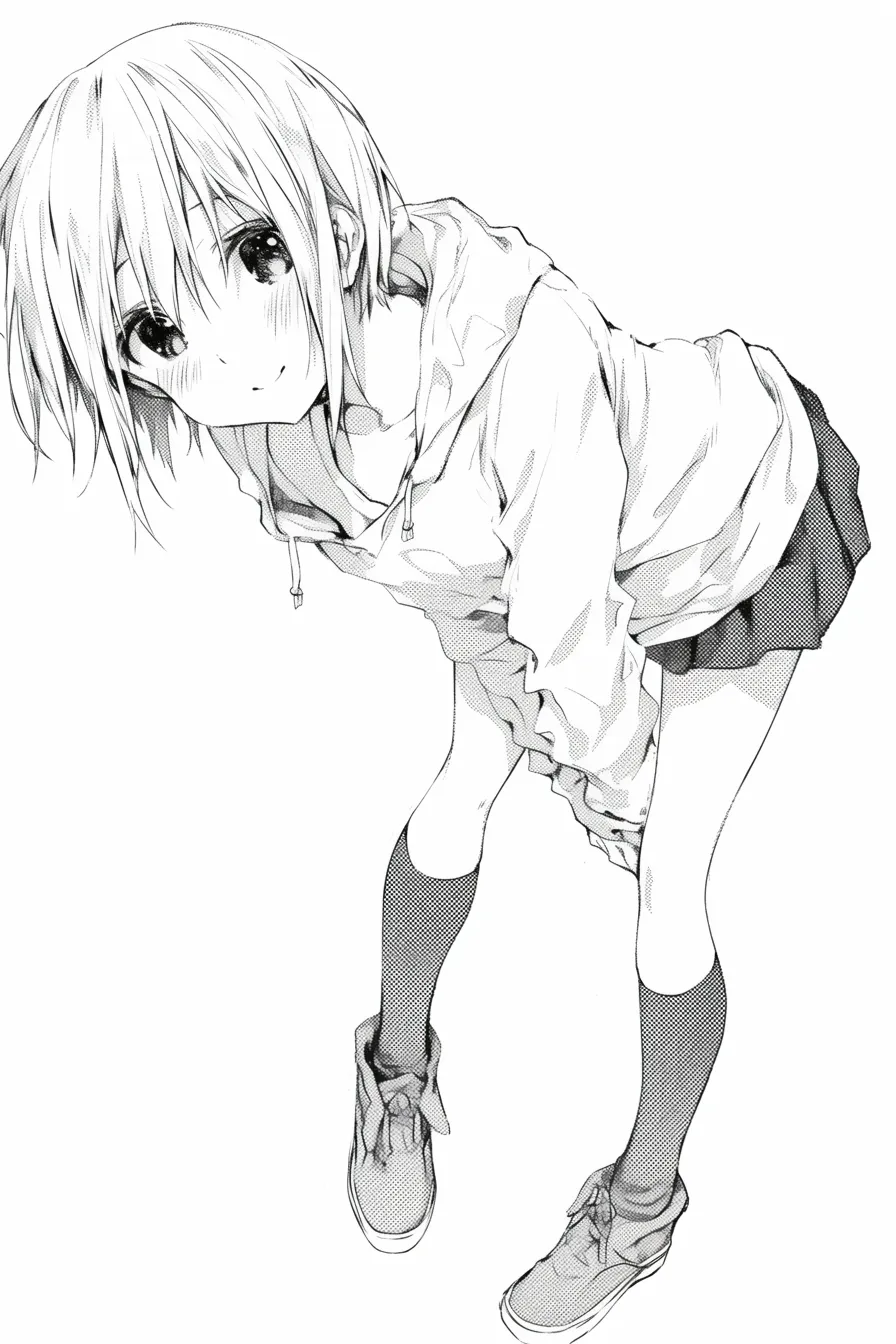 俯瞰の斜め視線｜【基本構造】体を斜めに傾け、膝を少し曲げて立たせる描き方で、視線は上から下へ流れる角度です。<br>【演出の方向性】モノクロのトーンにより、柔らかな表情が引き立ち、俯瞰の構図で素朴な距離感を演出しています。<br>