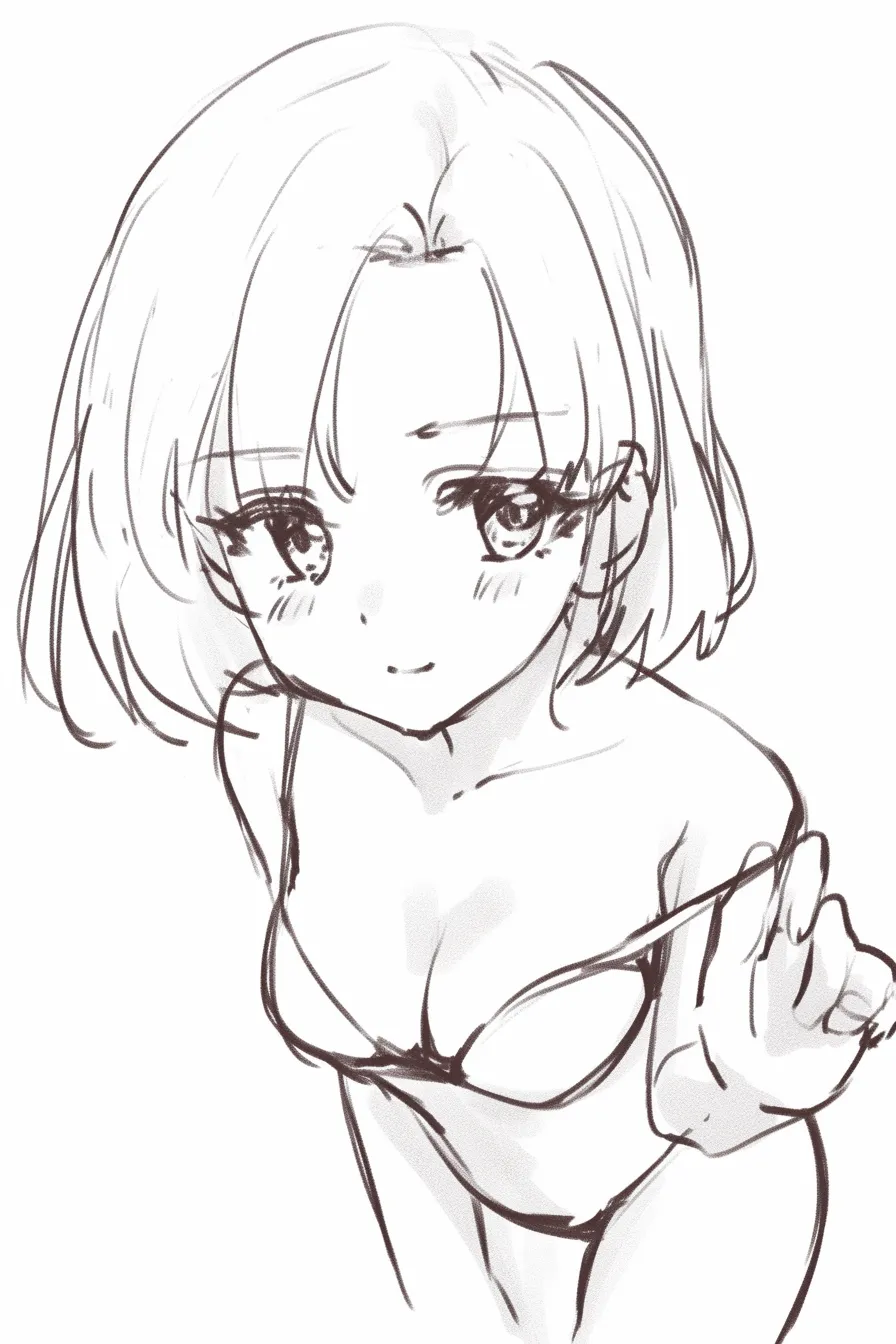 俯瞰の水着少女｜【基本構造】体をひねり、肩と胸を正面に寄せて上方を見上げる描き方で構築されています。<br>【演出の方向性】軽い線画ながら胸元を強調し、俯瞰から覗く視線で愛嬌と大胆さを兼ね備えた印象を与えています。<br>
