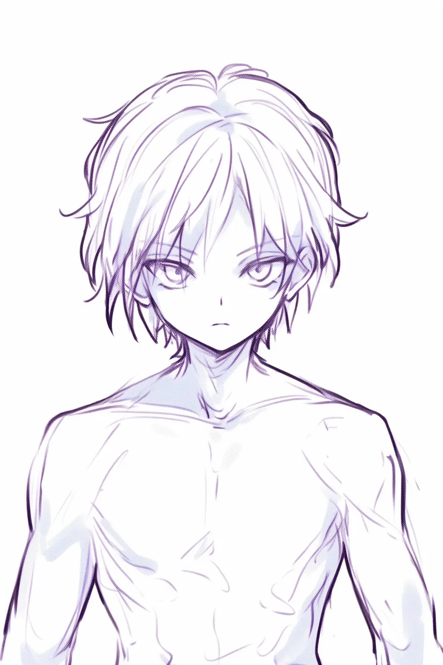 かっこいい俯瞰の静立｜【基本構造】裸上半身のキャラクターを真正面から俯瞰で描き、均整の取れた体を強調する描き方です。<br>【演出の方向性】無表情と簡潔な線が、俯瞰視点でのシンプルさと同時に芯の強さを引き立てています。<br>