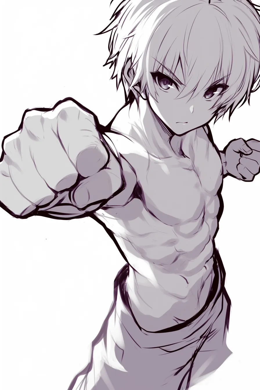 俯瞰の男の拳｜【基本構造】上半身をねじりながら拳を突き出す描き方で、筋肉の起伏を強調した構図になっています。<br>【演出の方向性】真剣な表情と力強い拳の遠近感が、攻撃的で迫力ある印象を強めています。<br>