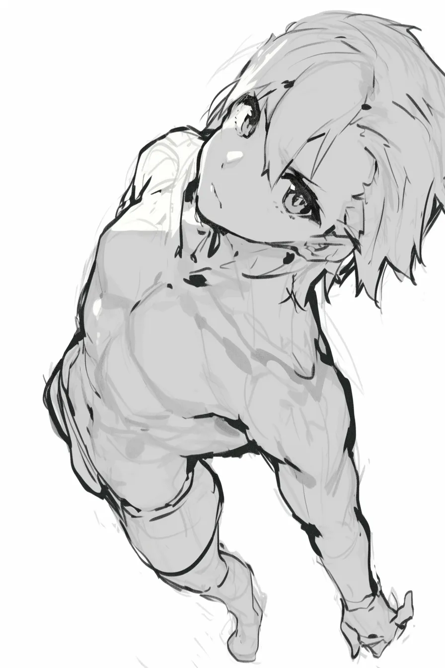 俯瞰の男の見上げ｜【基本構造】上体をやや反らし、視線を鋭く上方に向ける描き方で、胸筋や肩のラインを強調しています。<br>【演出の方向性】体のひねりと表情の対比が、挑発的かつ冷静な二面性を感じさせています。<br>