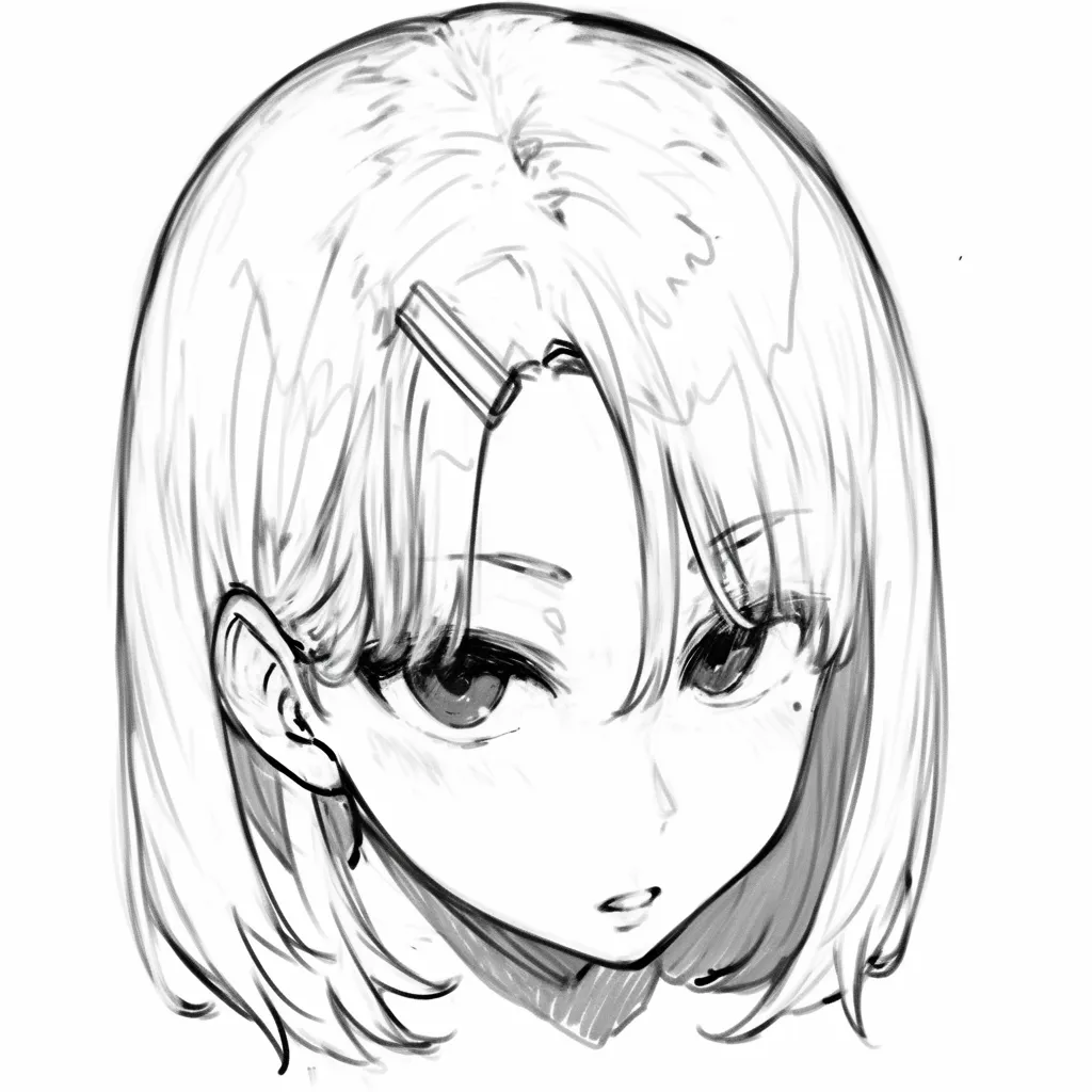 俯瞰の無垢な顔｜【基本構造】頭部を少し傾けた丸みのある描き方で、髪留めや頬の柔らかいラインを正面寄りにまとめています。<br>【演出の方向性】瞳をやや開き、口元を中途半端に開けることで幼さや素直さを強調し、純粋な雰囲気を醸しています。<br>