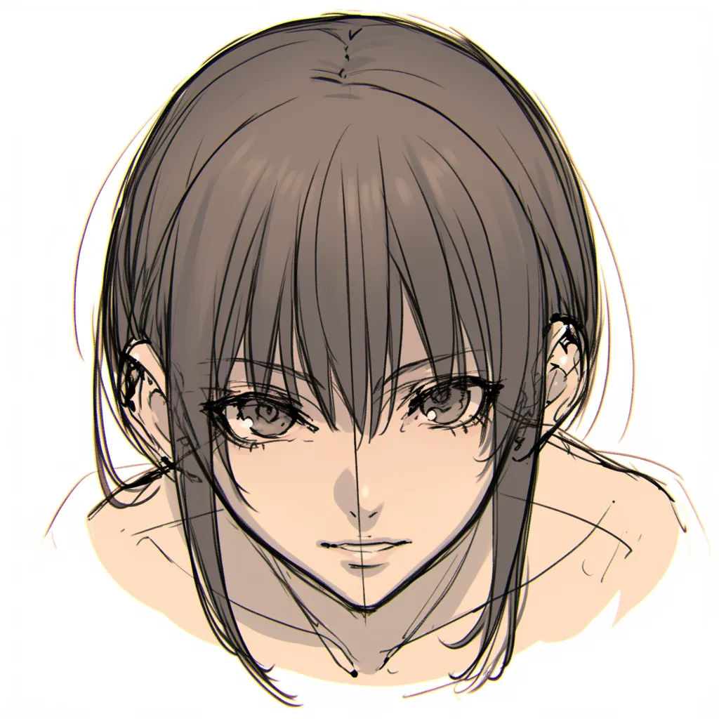 俯瞰の強気な顔｜【基本構造】真上からの直線的な俯瞰で、瞳を大きく描き方に配置し、左右対称の輪郭を明確に整えています。<br>【演出の方向性】目の奥行きを深く掘り、口を結ぶことで集中力を強調し、静かに圧をかける強さを演出しています。<br>