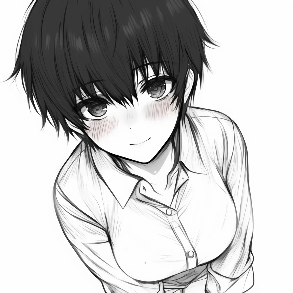 俯瞰の照れ笑いの顔｜【基本構造】やや前傾姿勢を俯瞰で描き方を整え、頬を大きく赤らめた表情を正面寄りに収めています。<br>【演出の方向性】視線を少し伏せ、口元に柔らかな笑みを与えることで、親しみやすく恥じらいを含んだ印象を強めています。<br>