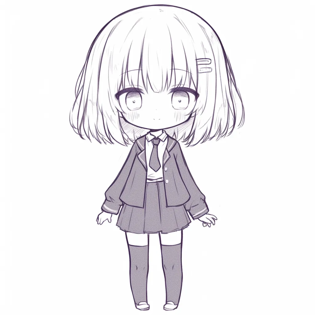 3頭身女の子のブレザー制服｜【基本構造】頭部を大きめに残しつつ、胴と脚を伸ばして均整をとった立ち姿。ブレザーとネクタイで直線的なラインを加えています。<br>【演出の方向性】丸みを保ちながらも制服のフォーマルさが加わり、真面目で清潔感のある雰囲気を与えています。<br>