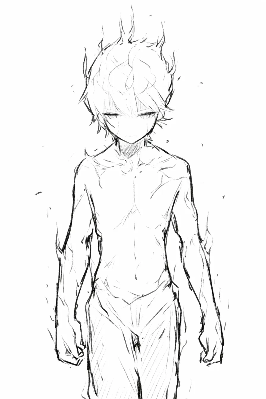 男のかっこいいポーズ（覚醒の炎）｜【基本構造】両腕を下げ、胸を張り、静かに立つ描き方で、周囲に燃え上がる炎のような演出を加えています。<br>【演出の方向性】無表情で俯き加減の顔が圧倒的な力を予感させ、炎の揺らぎが覚醒の瞬間を強調。冷酷な強者感を漂わせています。<br>
