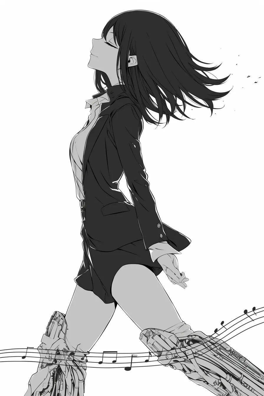 かっこいい女の余裕｜【基本構造】スーツ姿で直立し、胸を張り顔を上げる描き方。両腕は自然に後ろへ流し、髪が風に揺れる構図です。<br>【演出の方向性】閉じた目とわずかな笑みが、強さと余裕を同時に表現しています。<br>