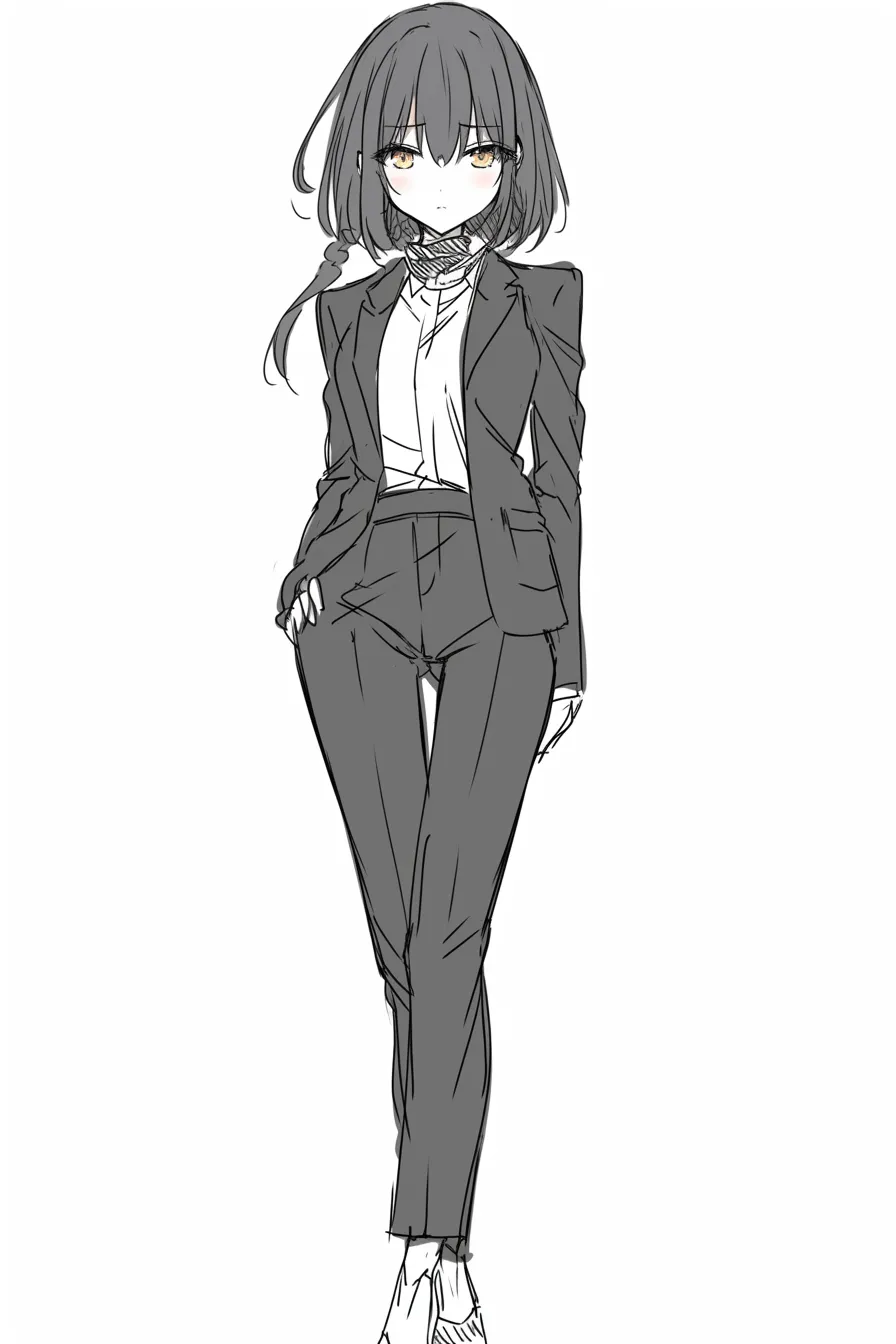 かっこいい女の静謐｜【基本構造】黒スーツに身を包み、正面をまっすぐ見据える描き方。両腕を体の横に揃え、端正な姿勢です。<br>【演出の方向性】整った髪型と冷静な視線が、静かな威厳や知性を感じさせます。<br>