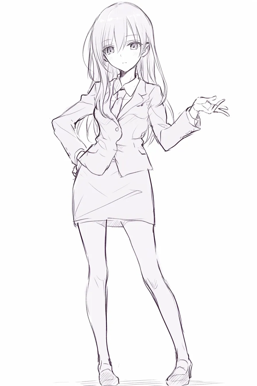 かっこいい女の主張｜【基本構造】片手を腰に当て、もう片手を差し伸べる描き方。脚はまっすぐ揃えて立ち、髪が肩から流れています。<br>【演出の方向性】鋭い視線と堂々とした仕草が、主張や説得力を強く印象づけています。<br>