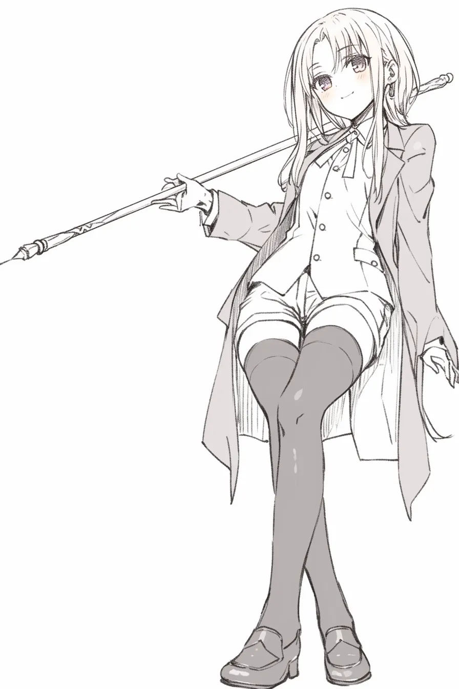かっこいい女の無邪気さ｜【基本構造】片足を組んで座り、長い杖を肩に担ぐ描き方。体はゆるく後方に傾き、視線は楽しげに向けています。<br>【演出の方向性】スーツ風の衣装と杖の対比が、余裕と遊び心の混じるかっこよさを演出しています。<br>