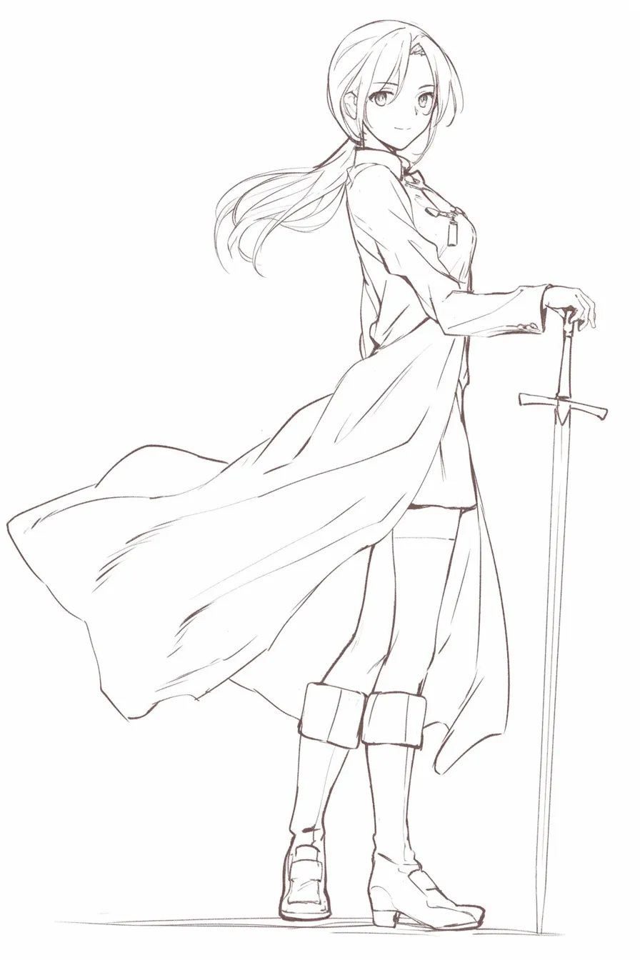 かっこいい女の戦気｜【基本構造】長剣を片手に支え、足を少し開いて立つ描き方。長髪を後ろに束ね、コートを風に舞わせています。<br>【演出の方向性】武器を持ちながら穏やかに微笑むことで、優雅さと戦う覚悟の両立を表現しています。<br>