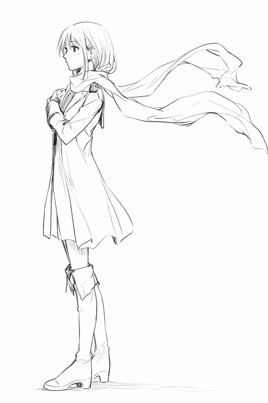 かっこいい女の凛然｜【基本構造】コート姿で横向きに立ち、胸の前で手を組む描き方。首元のマフラーが風に揺れています。<br>【演出の方向性】横顔とまっすぐな立ち姿が、凛とした毅然さを際立たせています。<br>