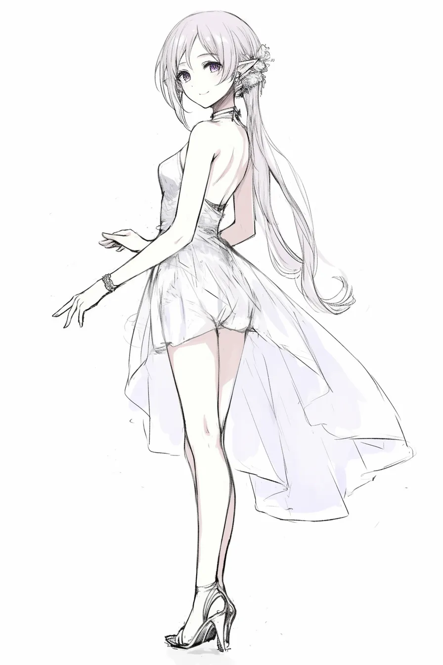 かっこいい女の華麗｜【基本構造】ドレス姿で片手を軽く後ろに回し、優雅に振り返る描き方。裾が長く後方へ広がっています。<br>【演出の方向性】柔らかな笑みと繊細な装飾が、気品と女性らしい華やかさを印象づけています。<br>