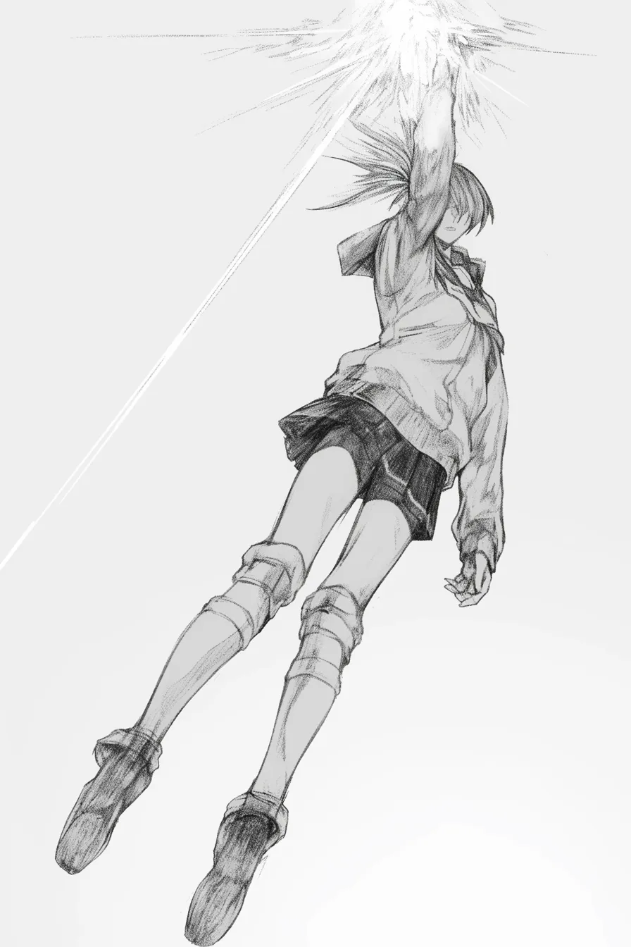 かっこいいポーズの跳躍｜【基本構造】片腕を高く掲げて空中で伸びる描き方により、体のダイナミズムを際立たせています。<br>【演出の方向性】手から放たれる光と視線の鋭さが、圧倒的な力の解放を強調し、迫力のある瞬間を切り取っています。<br>