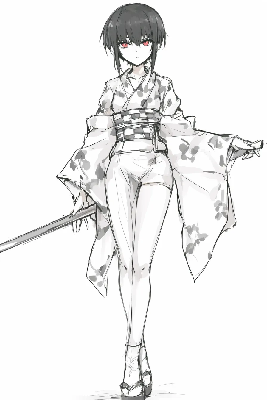 かっこいいポーズの着物剣士｜【基本構造】着物姿で刀を下げ、直立した描き方により、細身ながらも揺るぎない立ち姿を見せています。<br>【演出の方向性】赤い瞳と無表情の対比が妖しさを生み、静けさの中に潜む強さを印象づけています。<br>