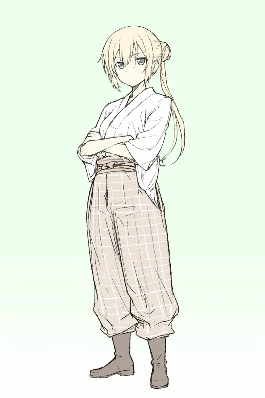 かっこいいポーズの武家風｜【基本構造】腕を組んで直立し、ゆったりとした袴を描き方に取り入れることで安定感を強調しています。<br>【演出の方向性】落ち着いた視線と端正な姿勢が、冷静で理知的な強さを表現しています。<br>