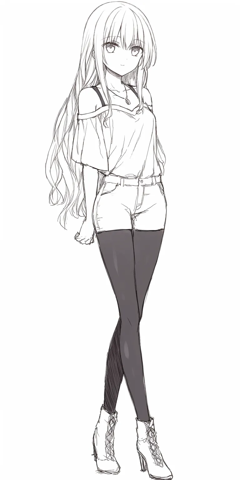 全身のカジュアル私服｜【基本構造】片脚を軽く曲げて重心をずらし、上半身は斜めに傾けています。腕は自然に垂らし、ラフさを際立たせる立ち姿です。<br>【演出の方向性】肩を落としたトップスとショートパンツが、気取らない雰囲気を演出。口元の柔らかな微笑みと長い髪が合わさり、親しみやすい魅力を与えています。<br>