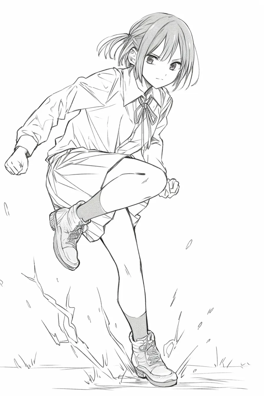 かっこいいポーズの構え｜【基本構造】片脚を大きく振り上げ、拳を握りしめた描き方で、格闘の直前を切り取っています。<br>【演出の方向性】地面のひび割れや身体の緊張感が、戦闘に挑む覚悟と迫力を伝えています。<br>
