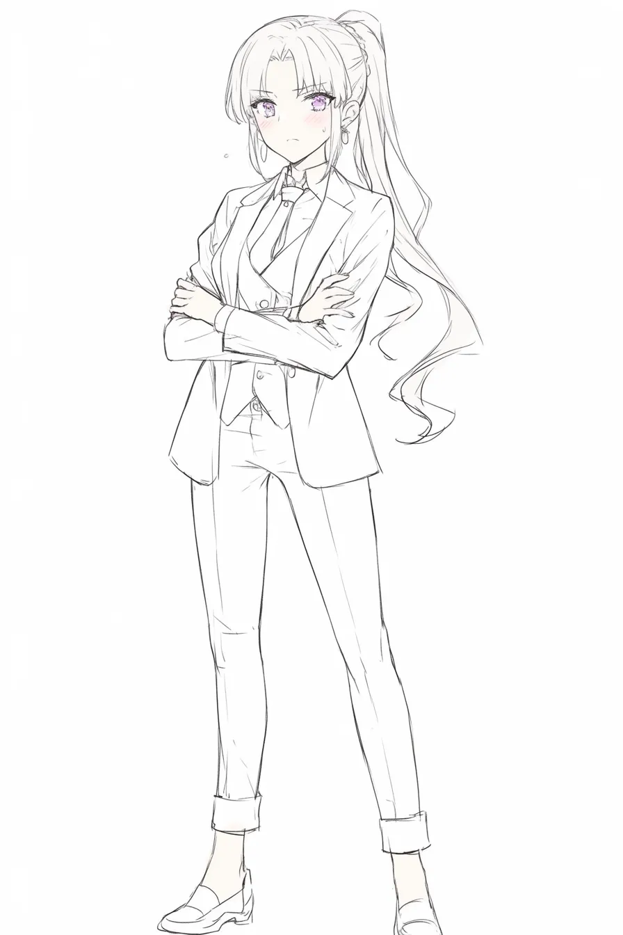 かっこいいポーズのスーツ姿｜【基本構造】スーツ姿で腕を組み、直立した描き方によって、均整の取れた体型を強調しています。<br>【演出の方向性】表情のわずかな赤みが緊張感を与えつつも、知的で凛とした雰囲気を生み出しています。<br>
