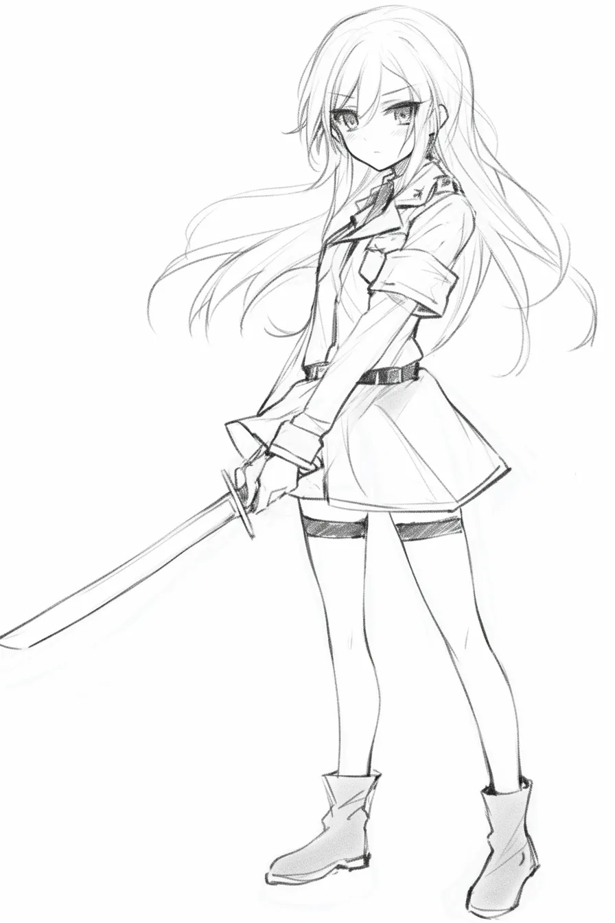 かっこいいポーズの剣を構える女｜【基本構造】片手に刀を持ち、斜め下に構える描き方で、長い髪と軍服風の衣装が直線的に配置されています。<br>【演出の方向性】髪の流れと鋭い視線が冷徹さを表現し、静かに構えながらも圧のある強さを演出しています。<br>