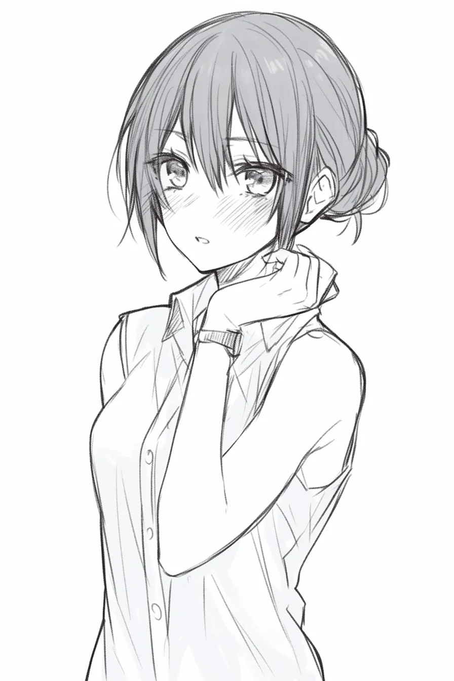首に手を当てるポーズの女の子｜【基本構造】肩を少しすくめ、首筋に手を添える描き方で、視線はやや下を向きながら柔らかさを表しています。<br>【演出の方向性】頬の赤みと伏し目がちの目線により、照れや戸惑いの感情がにじみ出ています。<br>