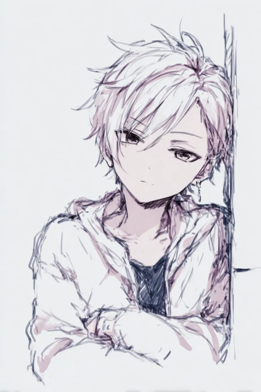 壁に寄りかかるポーズの視線｜【基本構造】肩を壁に預け、腕を組んだ描き方で、首を少し傾けています。<br>【演出の方向性】半眼と緩やかな微笑みが余裕を感じさせ、軽い挑発や余裕のある雰囲気を演出しています。<br>