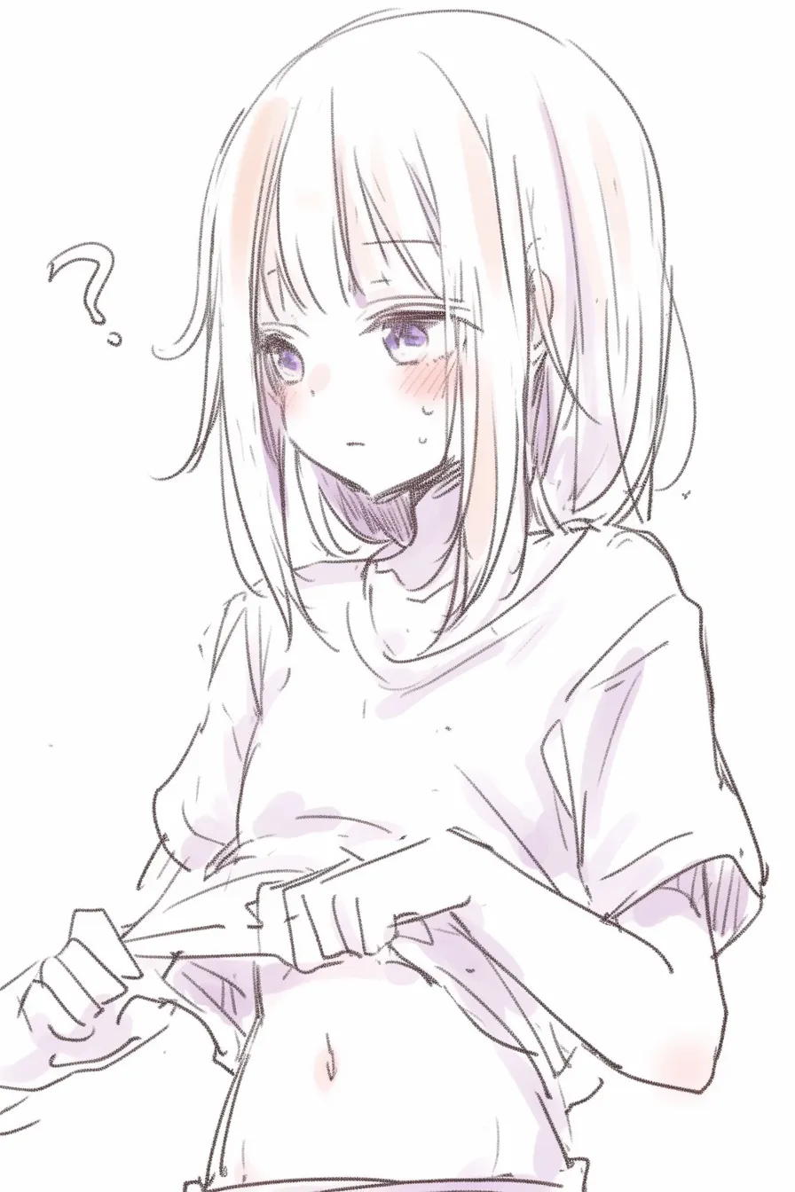 自分の服を掴む疑問｜【基本構造】片手で裾を持ち上げて掴む描き方で、腹部が見えるようにポーズが工夫されています。<br>【演出の方向性】疑問符と視線の揺れが、不安や戸惑いを示しつつ可愛らしさを添えています。<br>