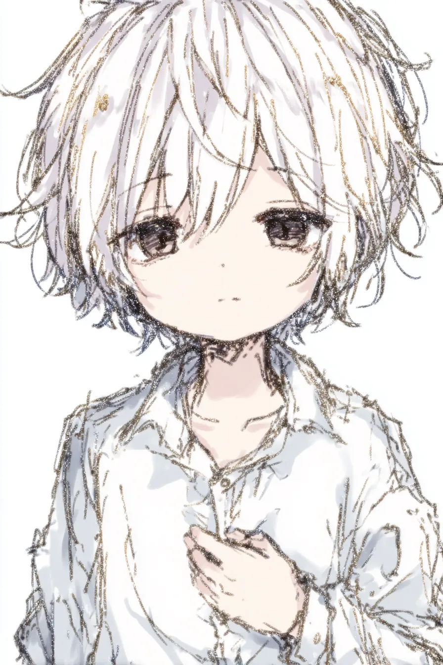 自分の服を掴む静けさ｜【基本構造】胸元に片手を置いて服を軽く掴む描き方で、体を正面に安定させています。<br>【演出の方向性】大きな瞳の落ち着いた表情により、静けさや内面的な思索を感じさせています。<br>