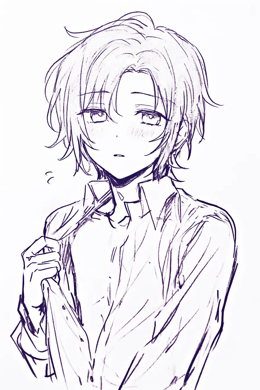 自分の服を掴む戸惑う男の子｜【基本構造】胸元を片手で掴む描き方で、肩の力を抜きつつ視線を揺らしています。<br>【演出の方向性】小さな汗や伏し目が、不安や気まずさを印象づけています。<br>