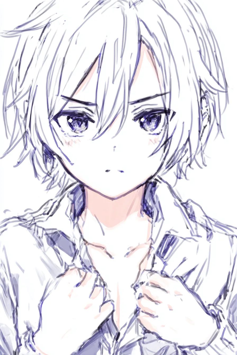 自分の服を掴む決意｜【基本構造】胸元を両手で強く掴む描き方で、肩を広げて姿勢を安定させています。<br>【演出の方向性】真っ直ぐな瞳と口元の引き締まりが、迷いを振り払うような強い意志を表しています。<br>