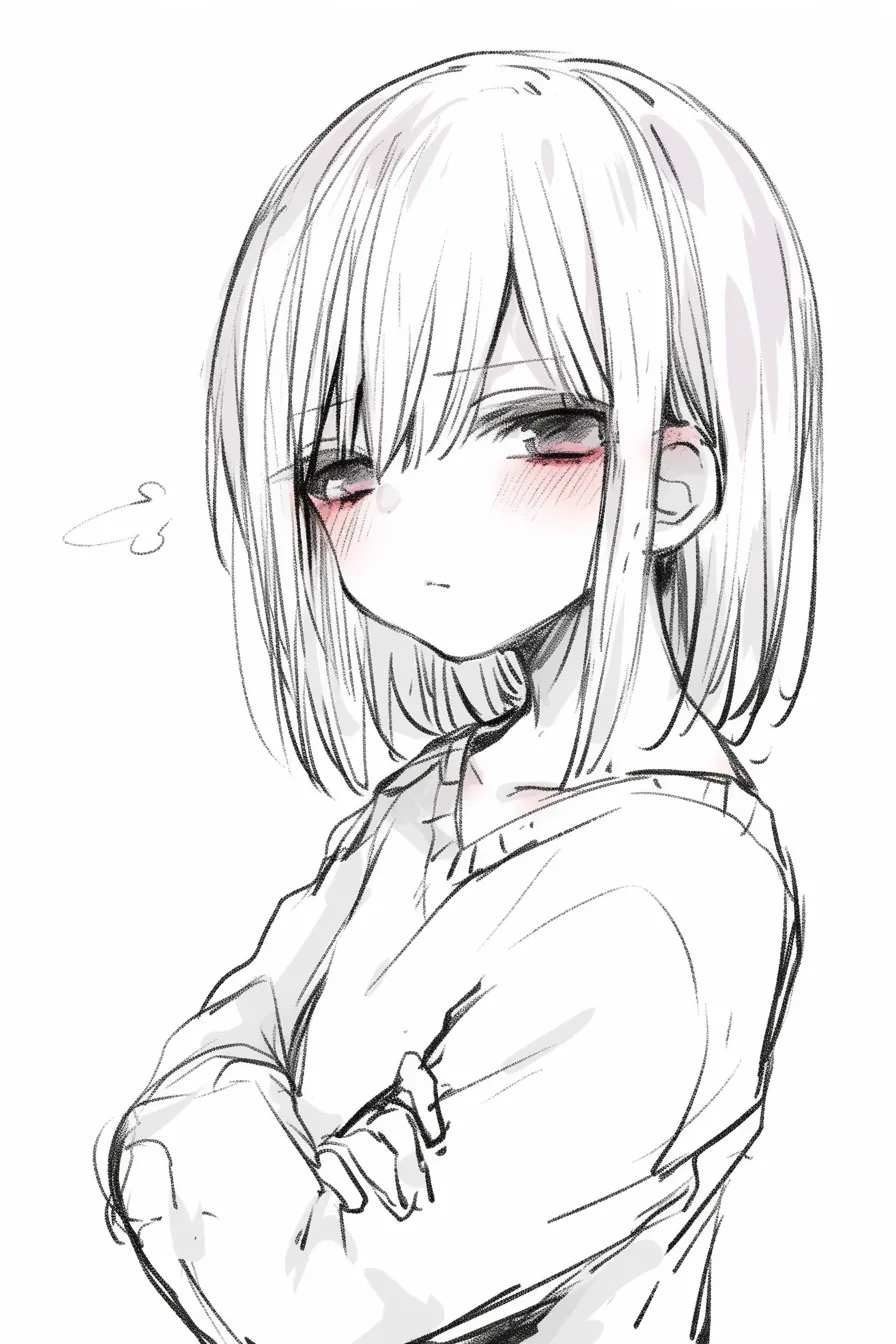 腕組みのふくれ顔｜【基本構造】肩を少し上げて腕を強く組み、顔は横に向けながら前髪が目元を覆う描き方で、頬をふくらませています。<br>【演出の方向性】赤く染まった頬と口角を下げた表情により、不満や拗ねた感情を強調しています。小さな吐息の線も苛立ちを演出します。<br>