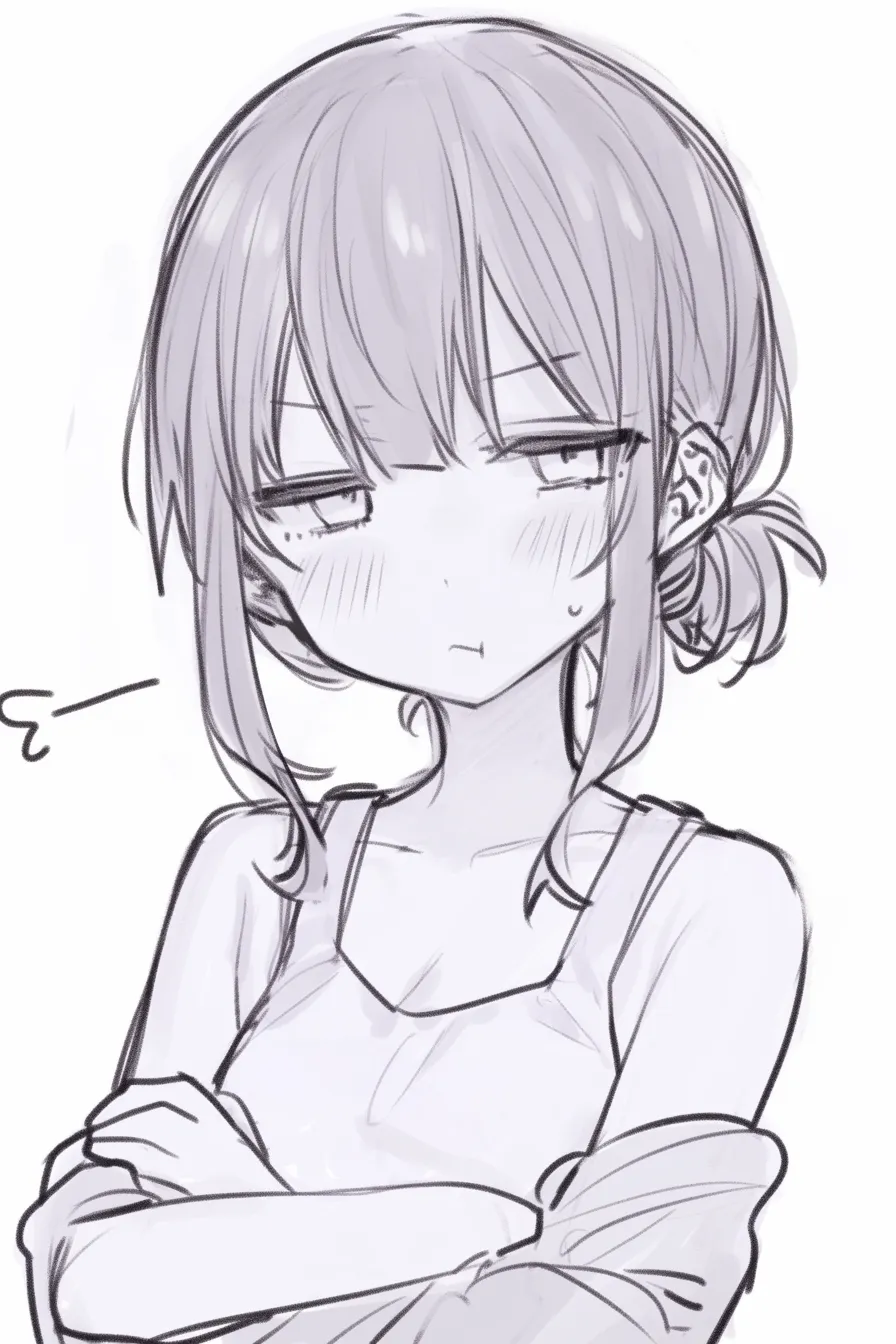 腕組みの困惑｜【基本構造】腕を体の前でしっかり組み、頭をやや傾けた描き方で、髪を後ろにまとめています。<br>【演出の方向性】細めた目と眉の角度、口元の微妙な歪みで困惑を表現。頬の赤みと汗マークが焦りや戸惑いを補強します。<br>
