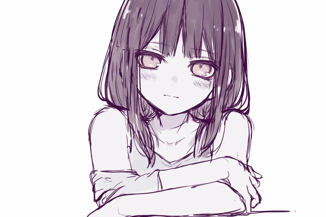 腕組みの静けさ｜【基本構造】肘を机に置くように腕を組み、正面から描いた構図で肩幅を狭く収める描き方です。<br>【演出の方向性】視線をまっすぐに固定し、表情筋を抑えた淡白な口元で落ち着いた雰囲気を強調。ほんのり頬を染めて、静かさの中にわずかな温度感を与えています。<br>
