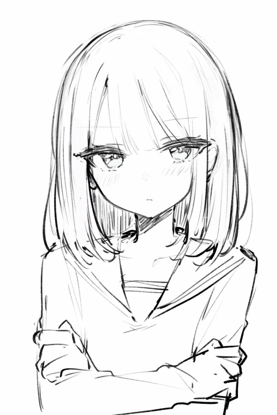 腕組みの冷静さ｜【基本構造】胸前で腕を組み、背筋を伸ばした正面描きの構図です。髪はすっきり整えた描き方になっています。<br>【演出の方向性】均等な瞳の大きさと口元の静けさで、冷静な印象を強調。頬の赤みは抑えめで、余計な感情を排した落ち着きを演出しています。<br>