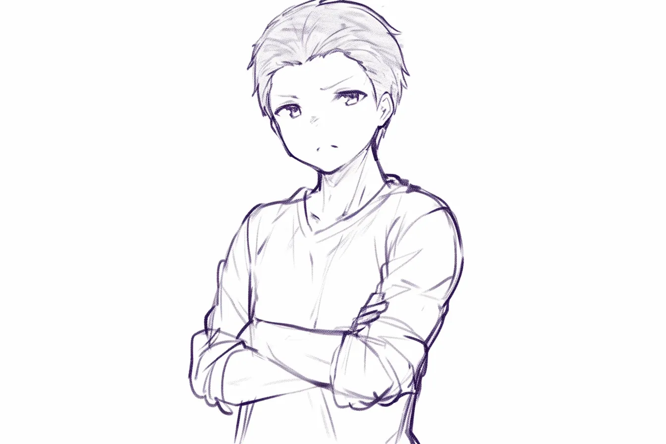 腕組みの不満｜【基本構造】胸前で腕を組み、腰をやや引いて立つ描き方です。背筋は直線的に強調されています。<br>【演出の方向性】眉を下げた表情と閉じた口元で不満を表現。目に力を込めることで感情をストレートに示しています。<br>