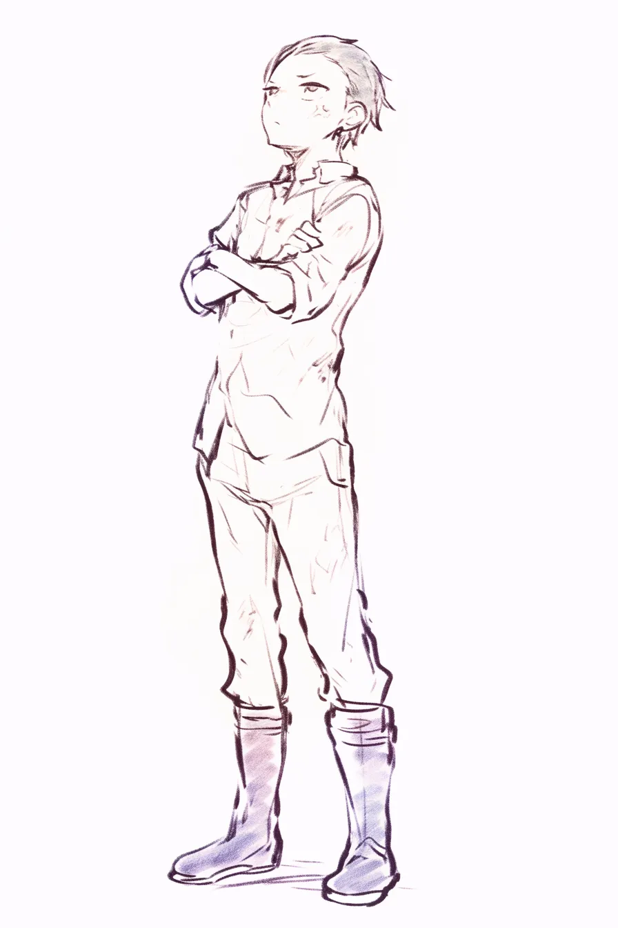 腕組みの決意｜【基本構造】全身を描き、腰幅に足を開いて立ち、腕を胸前で組む描き方です。<br>【演出の方向性】顎を引き、目を鋭く細めて決意を表現。全体に強いシルエットを持たせ、意思の強さを感じさせます。<br>